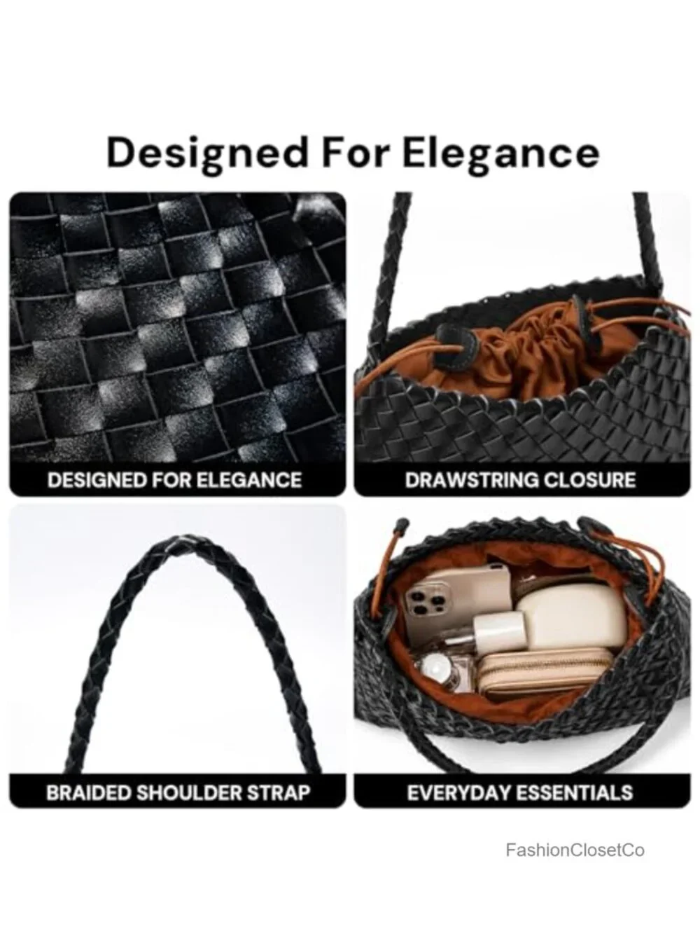 Vegan Leather Woven Hobo Handbag with Drawstring Inner Pouch, Shoulder Bag